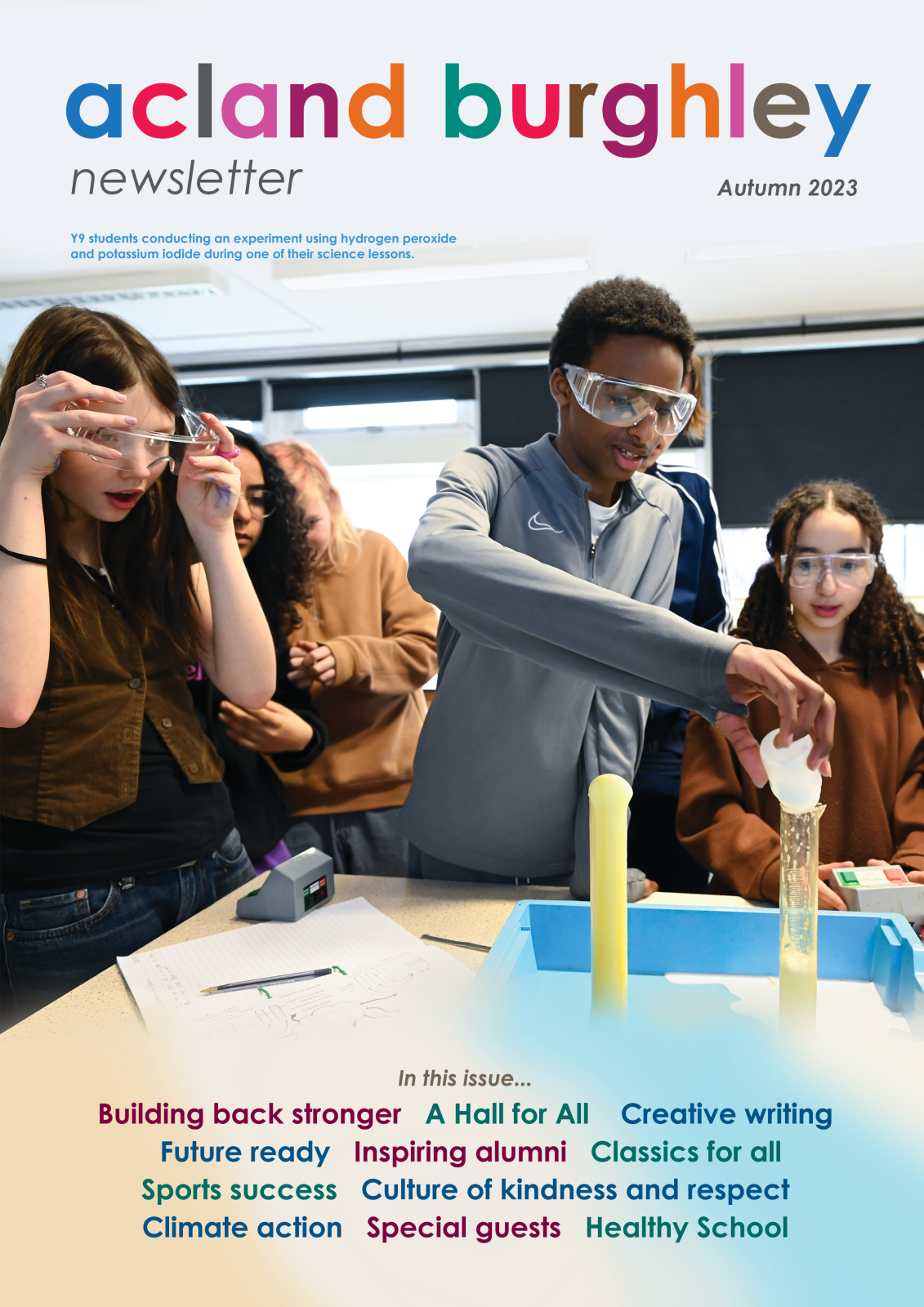 Autumn 2023 Newsletter cover featuring students doing a science experiment